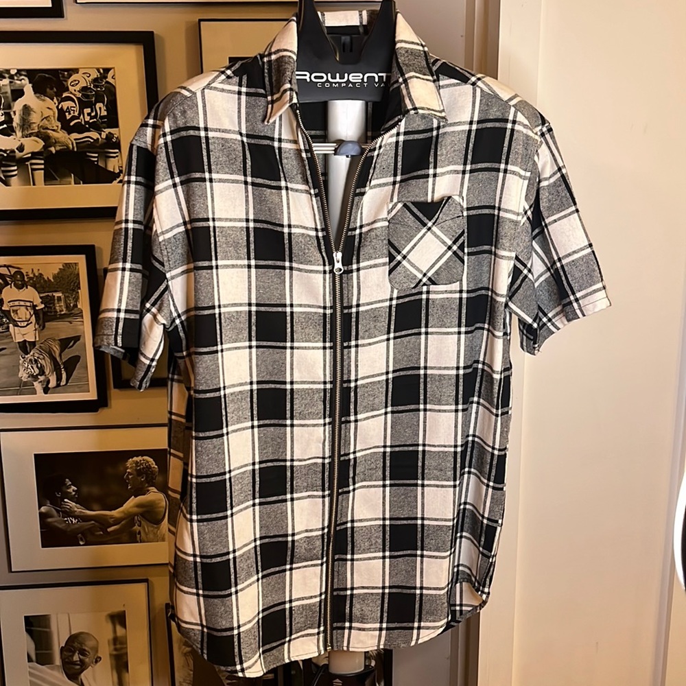 New Slaves Tartan SS Zip Up Flannel T Shirt - Large - Black&White